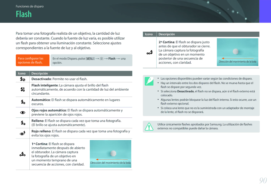 Samsung EV-NXF1ZZB1JES, EV-NXF1ZZB1KES, EV-NXF1ZZB1QES, EV-NXF1ZZB1HES manual Flash, Acciones, con claridad 