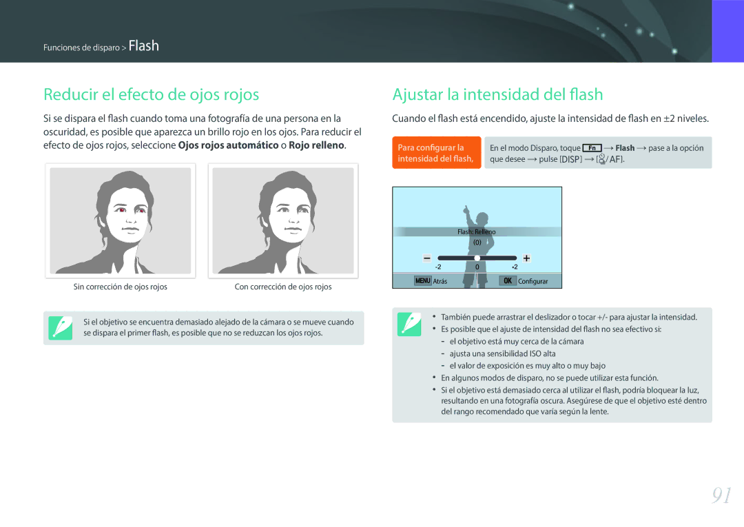 Samsung EV-NXF1ZZB1KES, EV-NXF1ZZB1QES, EV-NXF1ZZB1HES Reducir el efecto de ojos rojos, Ajustar la intensidad del flash 