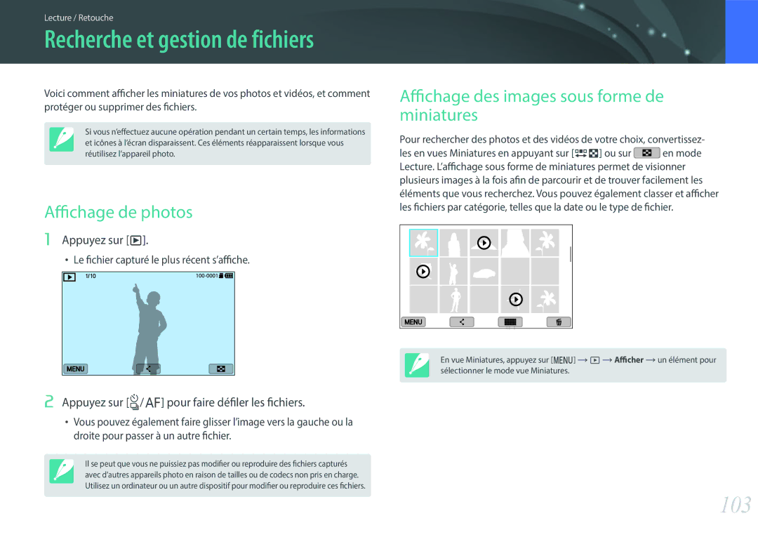 Samsung EV-NXF1ZZB1KFR manual 103, Affichage de photos, Affichage des images sous forme de miniatures, Appuyez sur y 