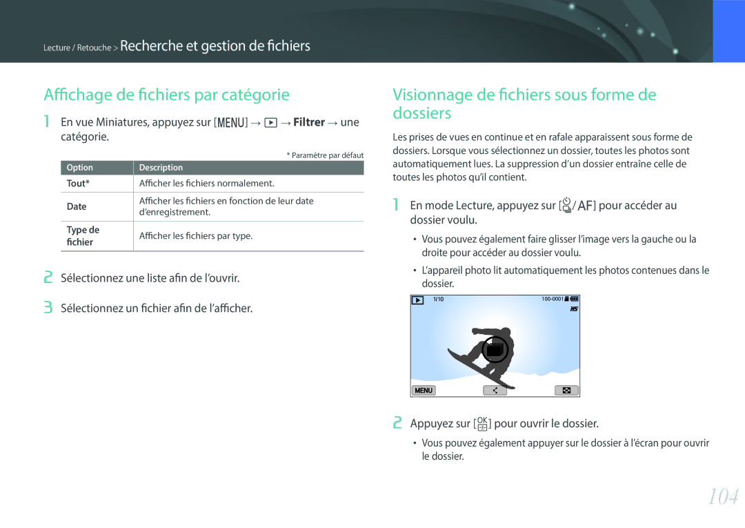 Samsung EV-NXF1ZZB2QFR manual 104, Affichage de fichiers par catégorie, Visionnage de fichiers sous forme de dossiers 