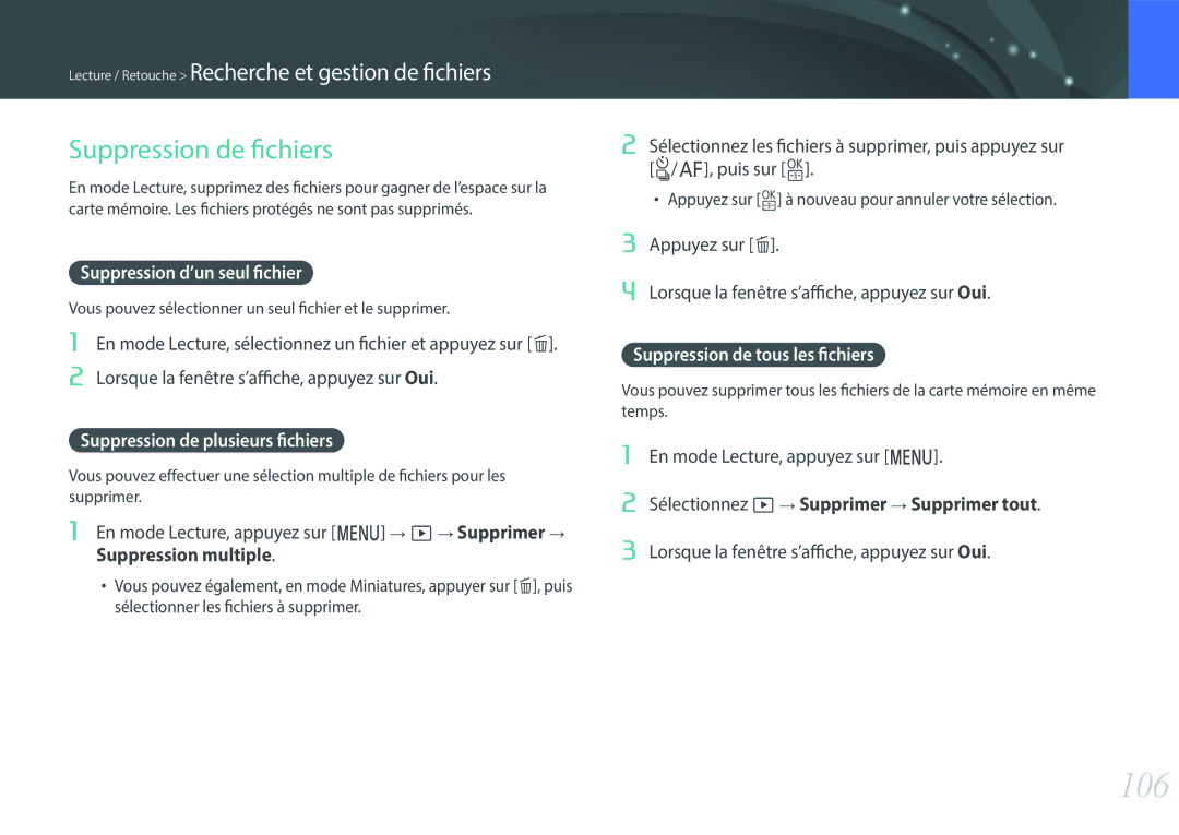 Samsung EV-NXF1ZZB1IFR 106, Suppression de fichiers, Suppression d’un seul fichier, Suppression de plusieurs fichiers 