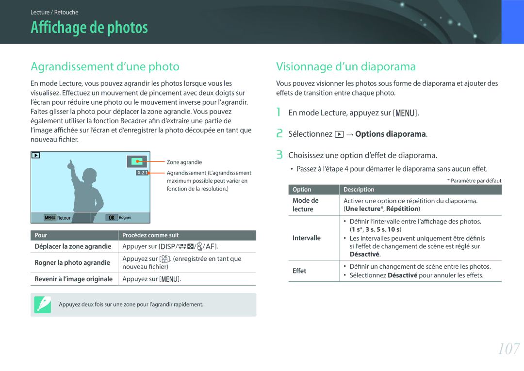 Samsung EV-NXF1ZZB1JFR, EV-NXF1ZZB1KFR Affichage de photos, 107, Agrandissement d’une photo, Visionnage d’un diaporama 