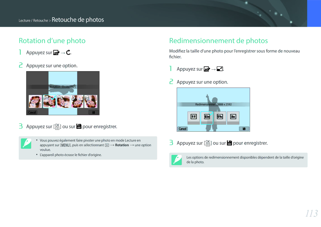 Samsung EV-NXF1ZZB1HFR manual 113, Rotation d’une photo, Redimensionnement de photos, Appuyez sur Appuyez sur une option 