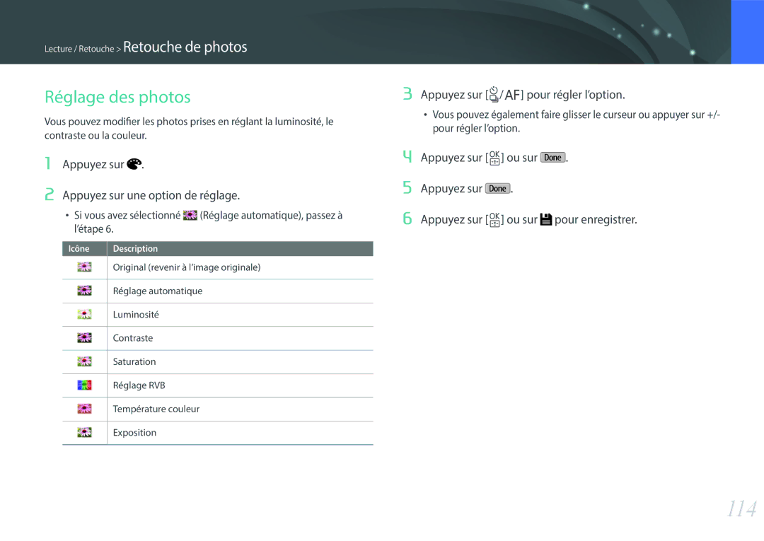 Samsung EV-NXF1ZZB1IFR, EV-NXF1ZZB1KFR, EV-NXF1ZZB2QFR, EV-NXF1ZZB1HFR 114, Appuyez sur Appuyez sur une option de réglage 