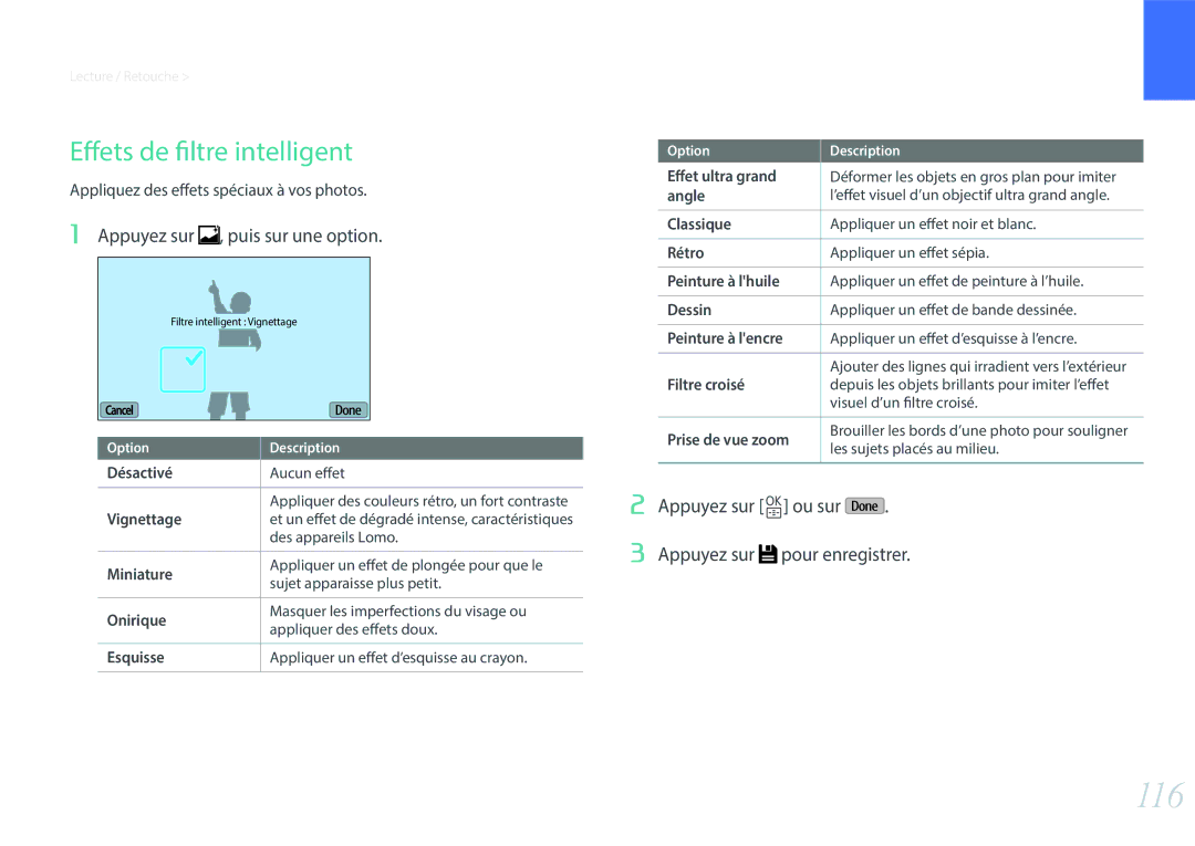 Samsung EV-NXF1ZZB2KFR, EV-NXF1ZZB1KFR, EV-NXF1ZZB2QFR 116, Effets de filtre intelligent, Appuyez sur , puis sur une option 