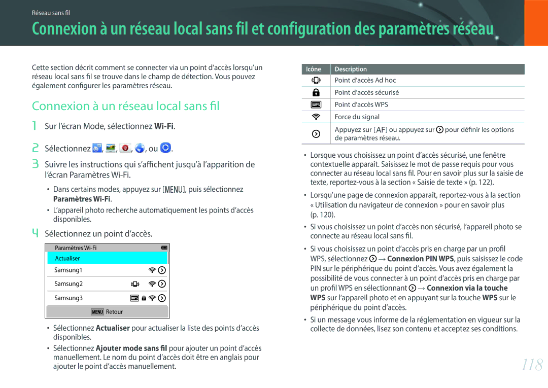 Samsung EV-NXF1ZZB1QFR, EV-NXF1ZZB1KFR manual 118, Connexion à un réseau local sans fil, Sélectionnez un point d’accès 