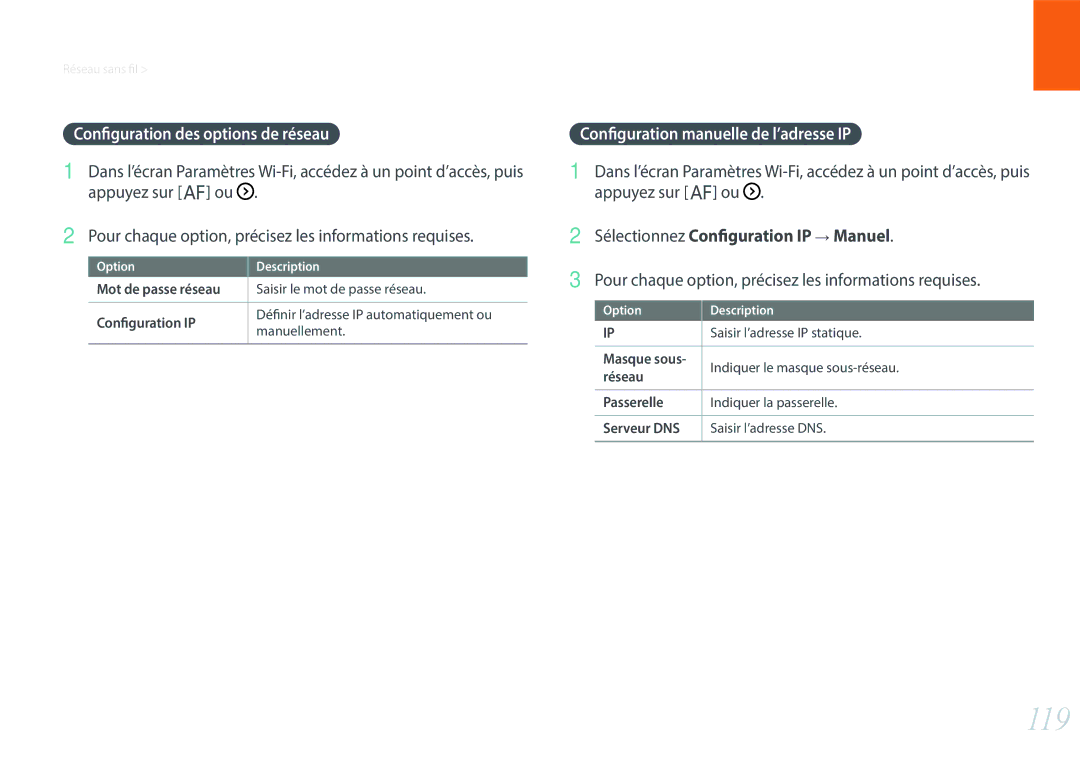 Samsung EV-NXF1ZZB1KFR 119, Configuration des options de réseau, Configuration manuelle de l’adresse IP, Appuyez sur F ou 