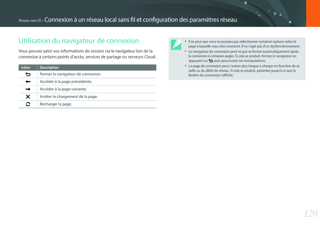 Samsung EV-NXF1ZZB2QFR, EV-NXF1ZZB1KFR, EV-NXF1ZZB1HFR, EV-NXF1ZZB1IFR manual 120, Utilisation du navigateur de connexion 