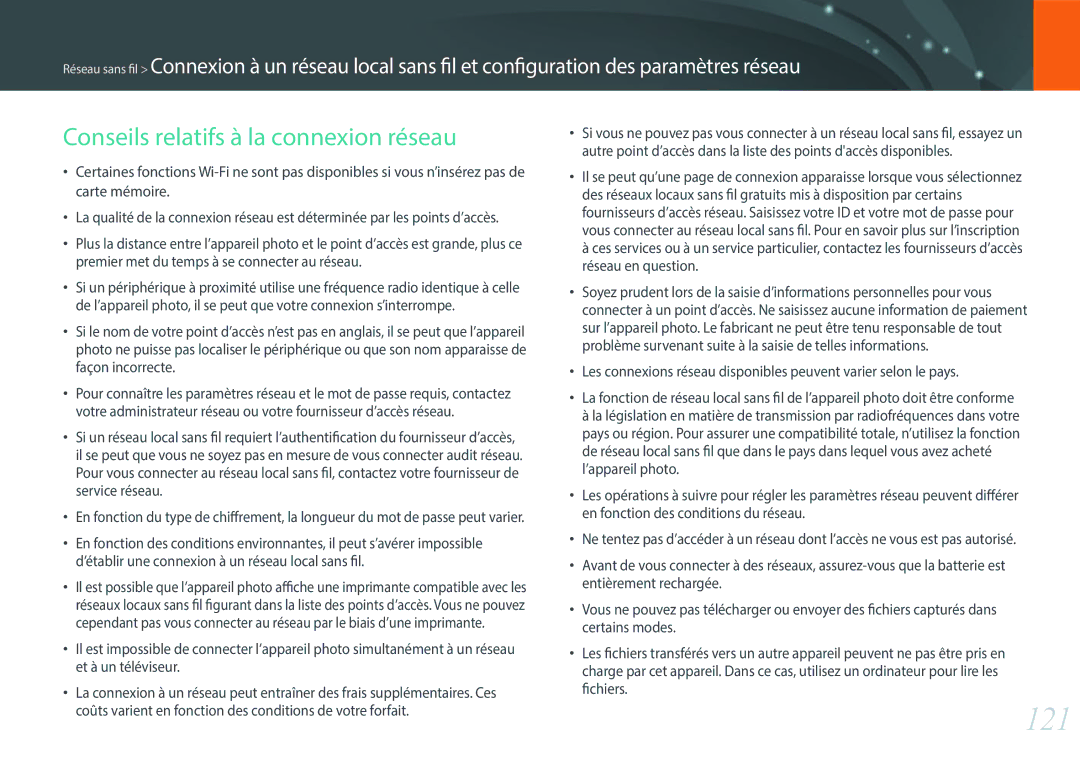 Samsung EV-NXF1ZZB1HFR, EV-NXF1ZZB1KFR, EV-NXF1ZZB2QFR, EV-NXF1ZZB1IFR manual 121, Conseils relatifs à la connexion réseau 