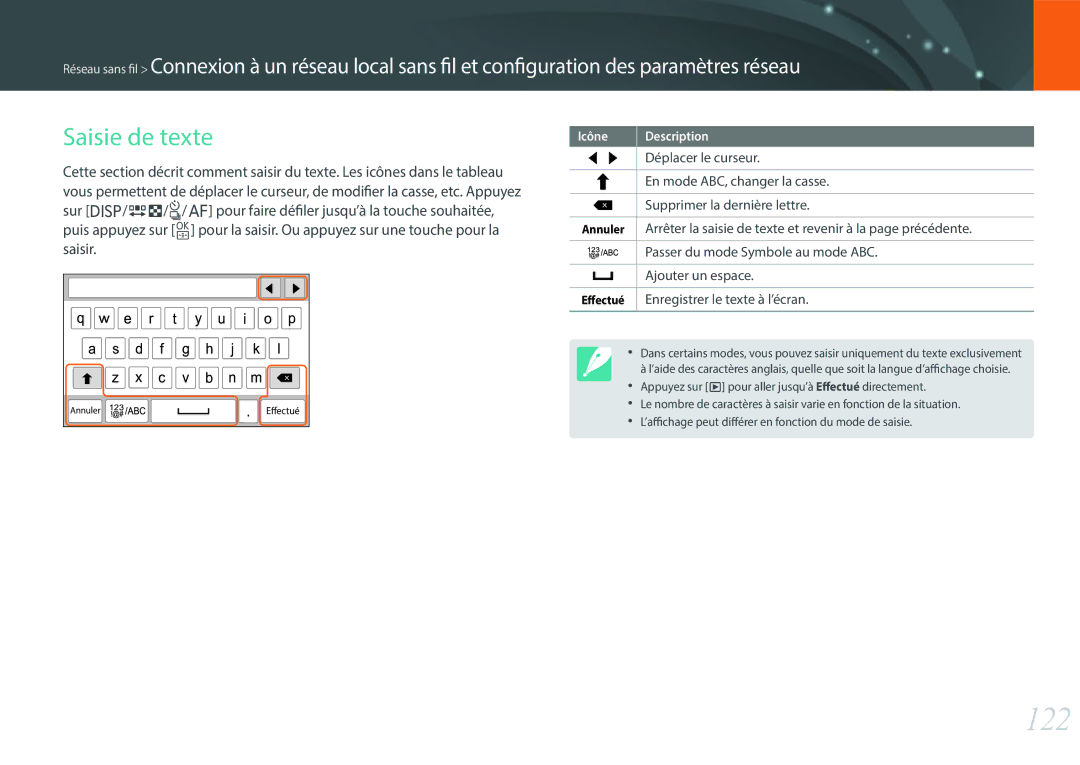 Samsung EV-NXF1ZZB1IFR, EV-NXF1ZZB1KFR manual 122, Saisie de texte, Déplacer le curseur, En mode ABC, changer la casse 