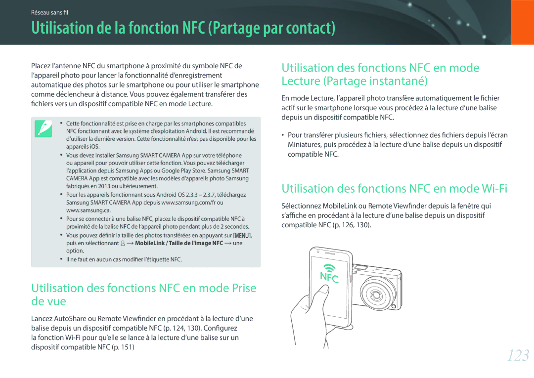 Samsung EV-NXF1ZZB1JFR, EV-NXF1ZZB1KFR, EV-NXF1ZZB2QFR manual Utilisation de la fonction NFC Partage par contact, 123 