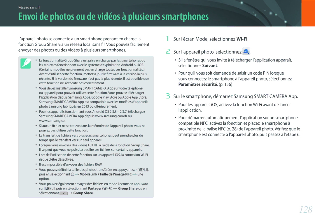 Samsung EV-NXF1ZZB2QFR, EV-NXF1ZZB1KFR, EV-NXF1ZZB1HFR manual Envoi de photos ou de vidéos à plusieurs smartphones, 128 