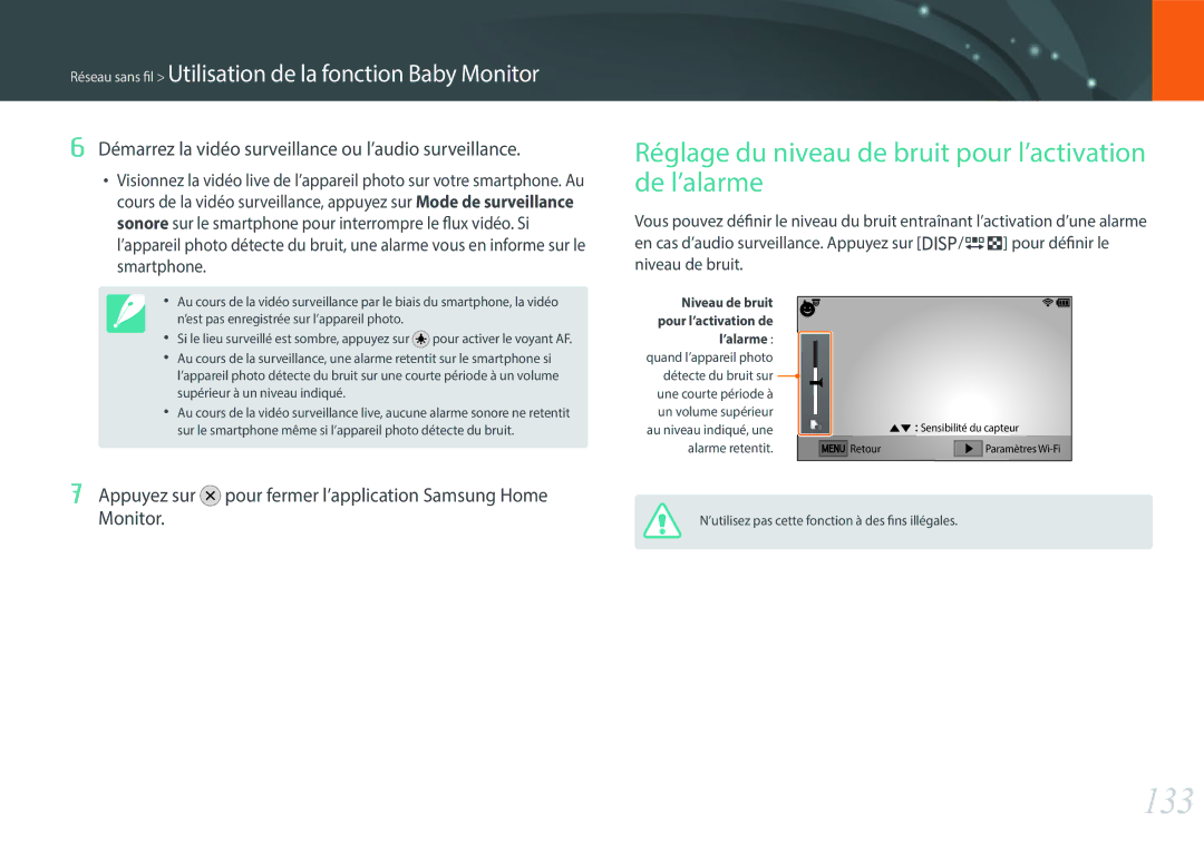 Samsung EV-NXF1ZZB2HFR, EV-NXF1ZZB1KFR, EV-NXF1ZZB2QFR manual 133, Réglage du niveau de bruit pour l’activation de l’alarme 