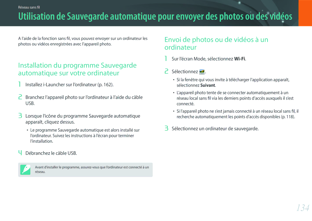 Samsung EV-NXF1ZZB1QFR manual 134, Envoi de photos ou de vidéos à un ordinateur, Sur l’écran Mode, sélectionnez Wi-Fi 