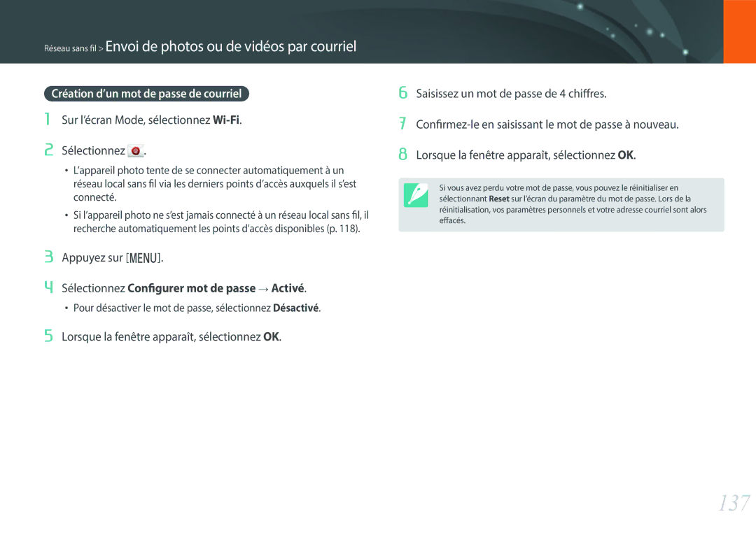 Samsung EV-NXF1ZZB1HFR, EV-NXF1ZZB1KFR, EV-NXF1ZZB2QFR, EV-NXF1ZZB1IFR manual 137, Création d’un mot de passe de courriel 