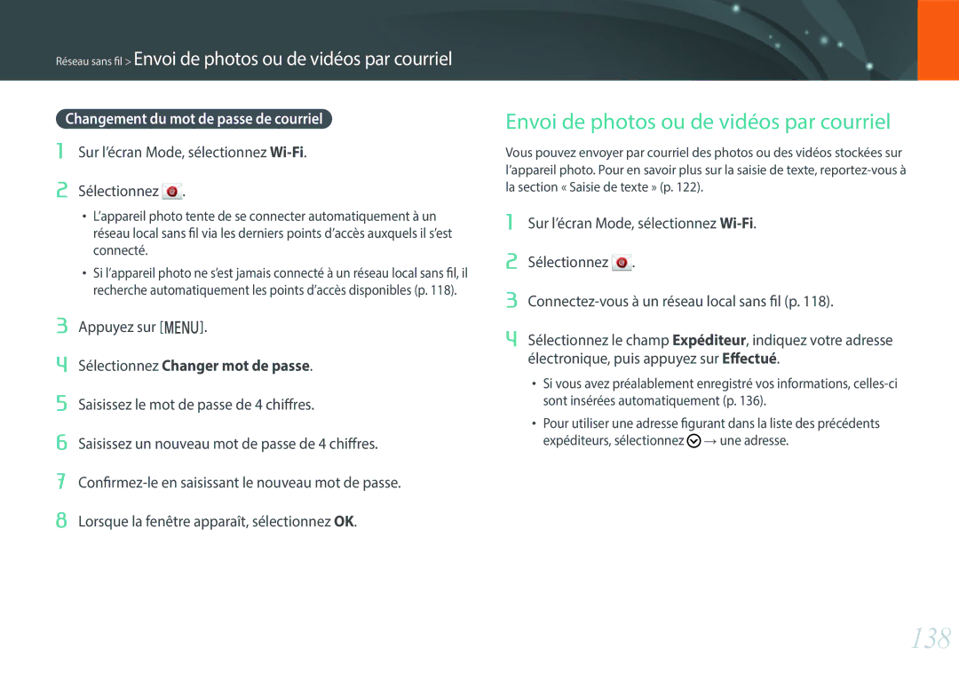 Samsung EV-NXF1ZZB1IFR manual 138, Envoi de photos ou de vidéos par courriel, Changement du mot de passe de courriel 