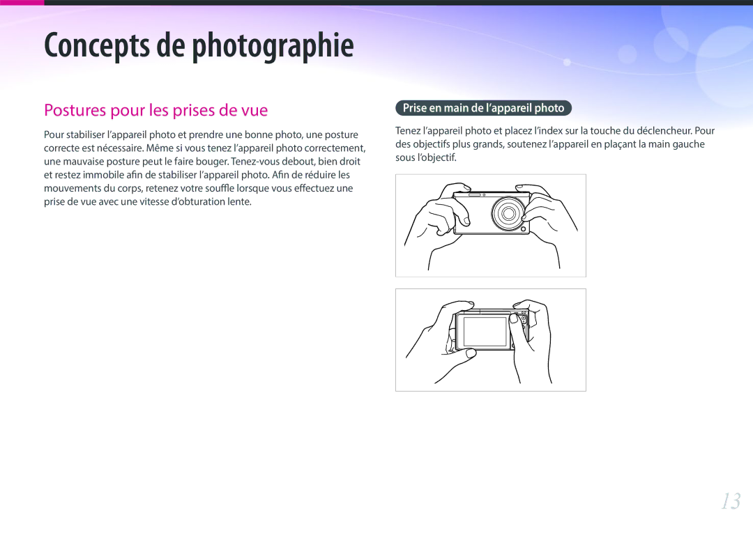 Samsung EV-NXF1ZZB2HFR, EV-NXF1ZZB1KFR, EV-NXF1ZZB2QFR manual Concepts de photographie, Prise en main de l’appareil photo 