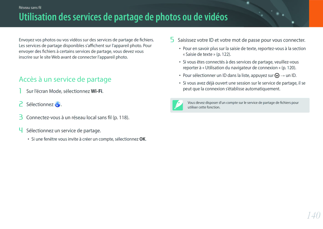 Samsung EV-NXF1ZZB2KFR Utilisation des services de partage de photos ou de vidéos, 140, Accès à un service de partage 