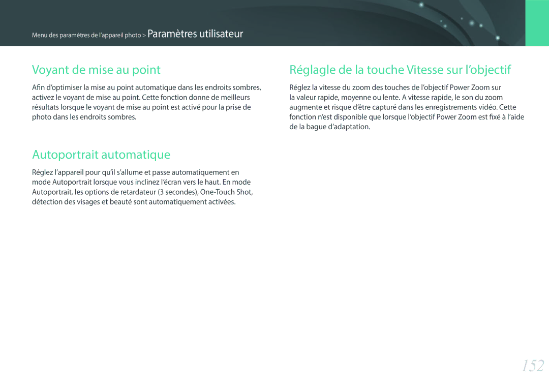 Samsung EV-NXF1ZZB2QFR, EV-NXF1ZZB1KFR, EV-NXF1ZZB1HFR manual 152, Voyant de mise au point, Autoportrait automatique 