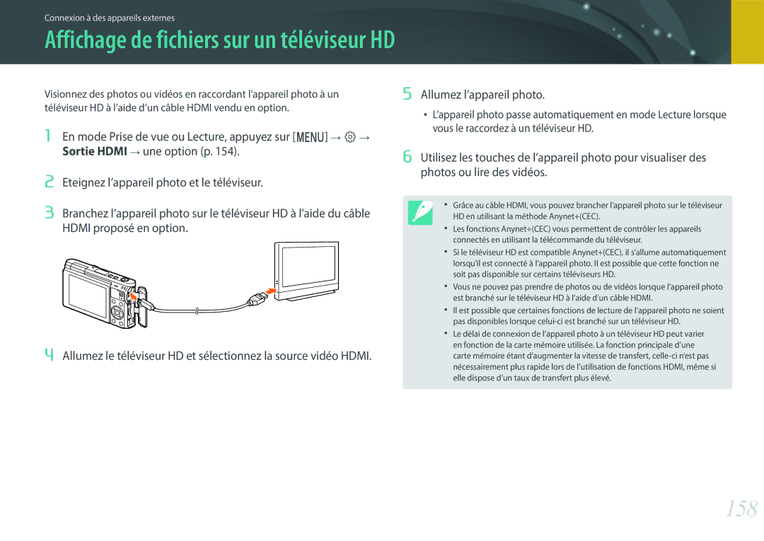 Samsung EV-NXF1ZZB1QFR, EV-NXF1ZZB1KFR, EV-NXF1ZZB2QFR, EV-NXF1ZZB1HFR manual 158, Affichage de fichiers sur un téléviseur HD 