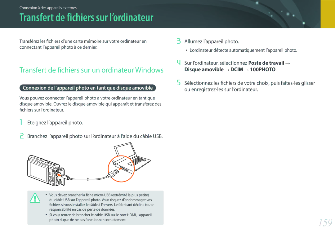 Samsung EV-NXF1ZZB1KFR 159, Transfert de fichiers sur un ordinateur Windows, Connectant l’appareil photo à ce dernier 