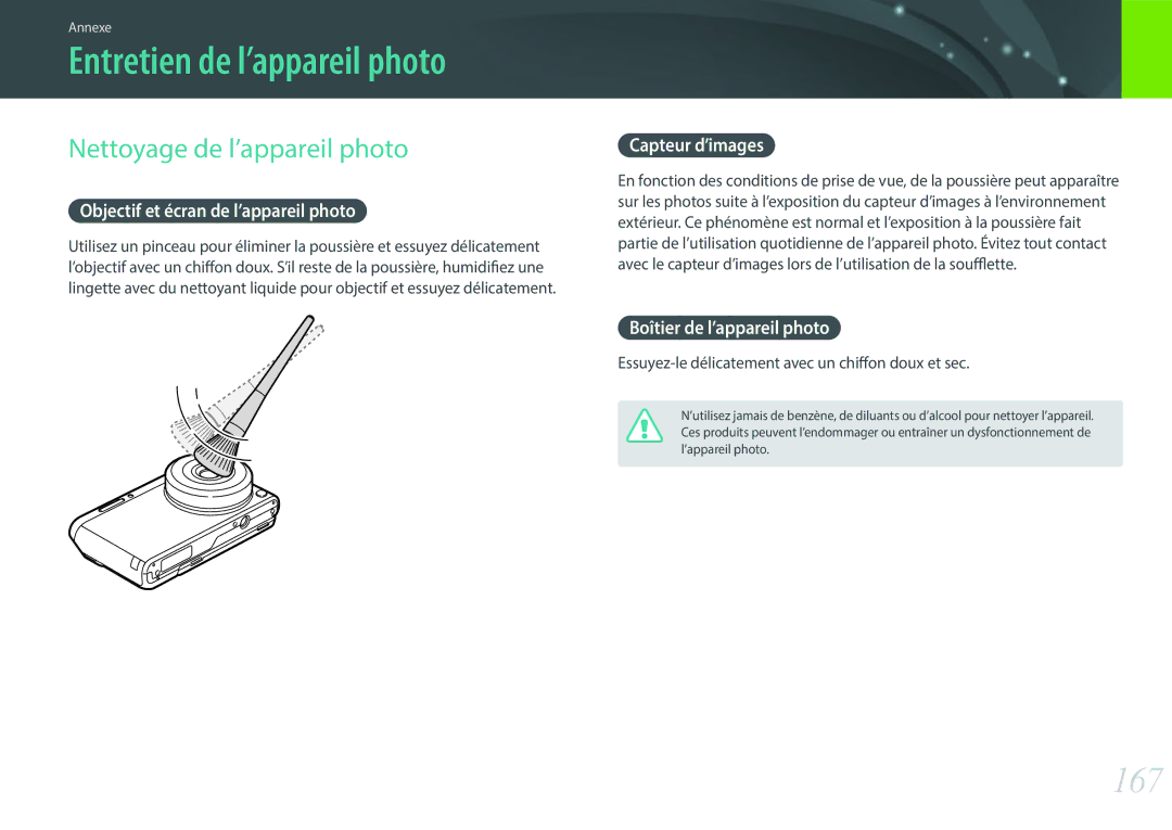 Samsung EV-NXF1ZZB1KFR, EV-NXF1ZZB2QFR, EV-NXF1ZZB1HFR Entretien de l’appareil photo, 167, Nettoyage de l’appareil photo 