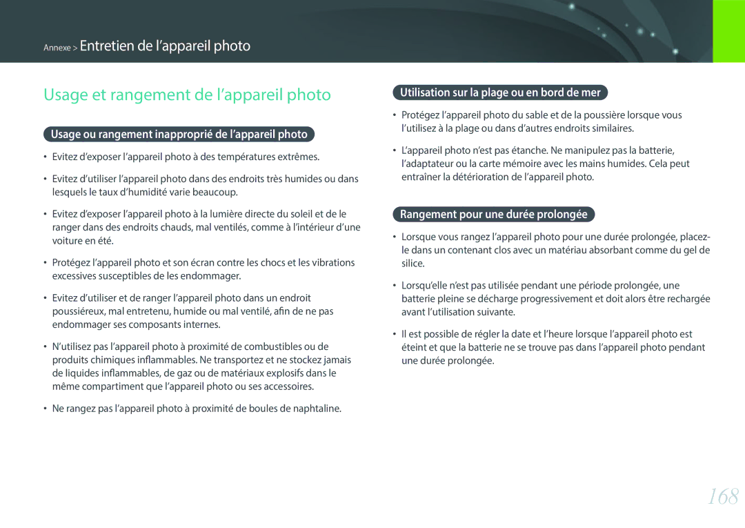 Samsung EV-NXF1ZZB2QFR 168, Usage et rangement de l’appareil photo, Usage ou rangement inapproprié de l’appareil photo 