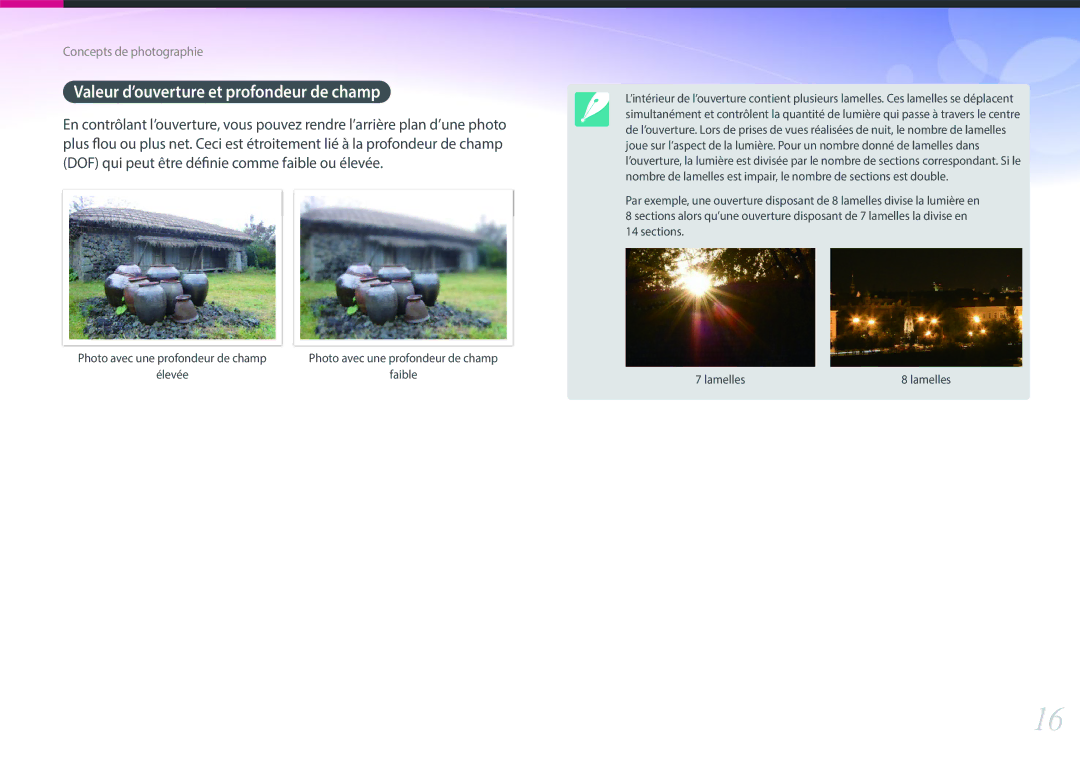 Samsung EV-NXF1ZZB2QFR, EV-NXF1ZZB1KFR, EV-NXF1ZZB1HFR, EV-NXF1ZZB1IFR manual Valeur d’ouverture et profondeur de champ 