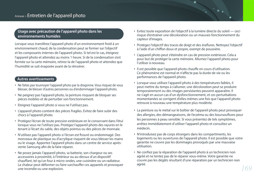 Samsung EV-NXF1ZZB1HFR, EV-NXF1ZZB1KFR, EV-NXF1ZZB2QFR, EV-NXF1ZZB1IFR, EV-NXF1ZZB1JFR manual 169, Autres avertissements 