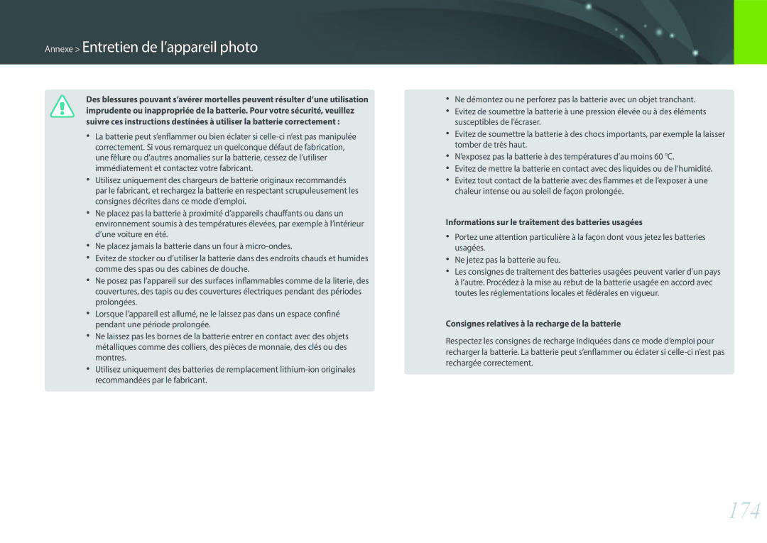 Samsung EV-NXF1ZZB1QFR, EV-NXF1ZZB1KFR, EV-NXF1ZZB2QFR manual 174, Informations sur le traitement des batteries usagées 