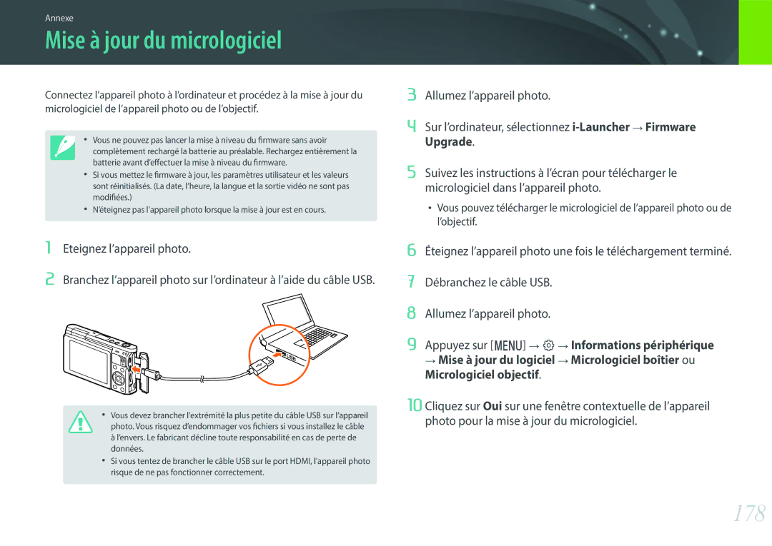 Samsung EV-NXF1ZZB1IFR, EV-NXF1ZZB1KFR, EV-NXF1ZZB2QFR, EV-NXF1ZZB1HFR, EV-NXF1ZZB1JFR manual Mise à jour du micrologiciel, 178 