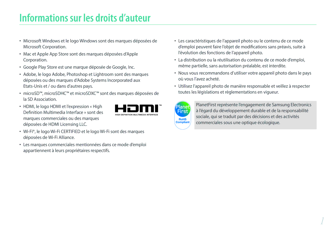 Samsung EV-NXF1ZZB1HFR, EV-NXF1ZZB1KFR, EV-NXF1ZZB2QFR, EV-NXF1ZZB1IFR, EV-NXF1ZZB1JFR Informations sur les droits d’auteur 