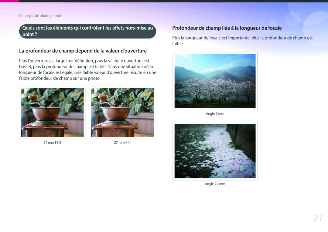 Samsung EV-NXF1ZZB2HFR, EV-NXF1ZZB1KFR, EV-NXF1ZZB2QFR, EV-NXF1ZZB1HFR Point ?, Faible profondeur de champ sur une photo 