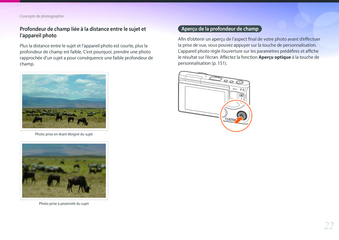 Samsung EV-NXF1ZZB1QFR, EV-NXF1ZZB1KFR, EV-NXF1ZZB2QFR, EV-NXF1ZZB1HFR, EV-NXF1ZZB1IFR manual Aperçu de la profondeur de champ 