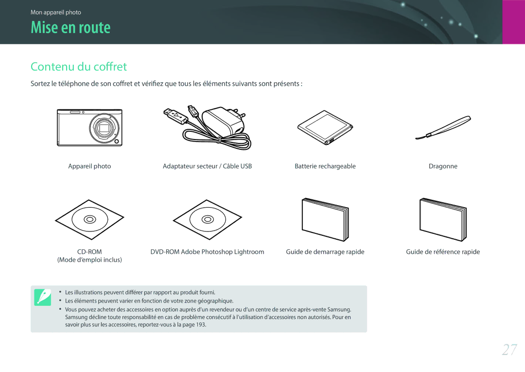 Samsung EV-NXF1ZZB1JFR, EV-NXF1ZZB1KFR Mise en route, Contenu du coffret, Appareil photo Adaptateur secteur / Câble USB 