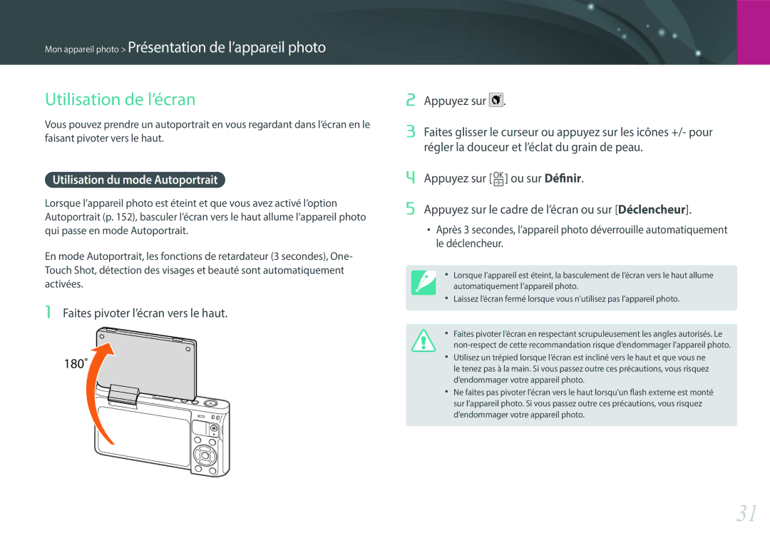 Samsung EV-NXF1ZZB1KFR manual Utilisation de l’écran, Utilisation du mode Autoportrait, Faites pivoter l’écran vers le haut 