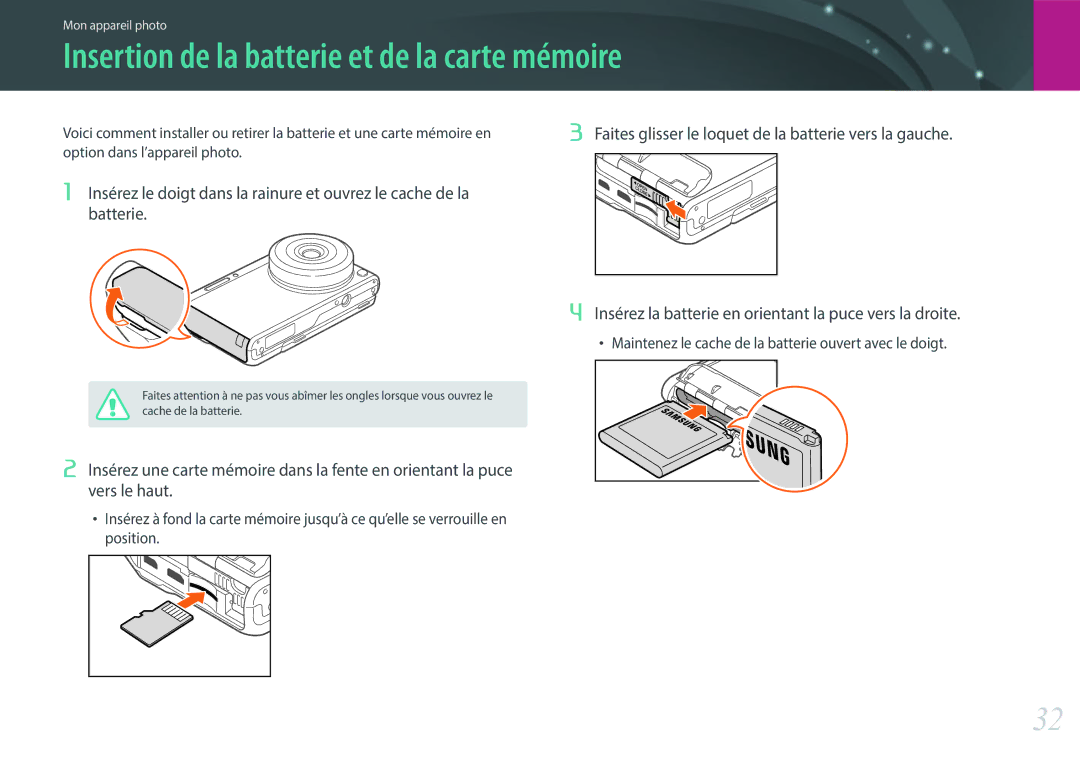 Samsung EV-NXF1ZZB2QFR, EV-NXF1ZZB1KFR manual Insertion de la batterie et de la carte mémoire, Option dans l’appareil photo 