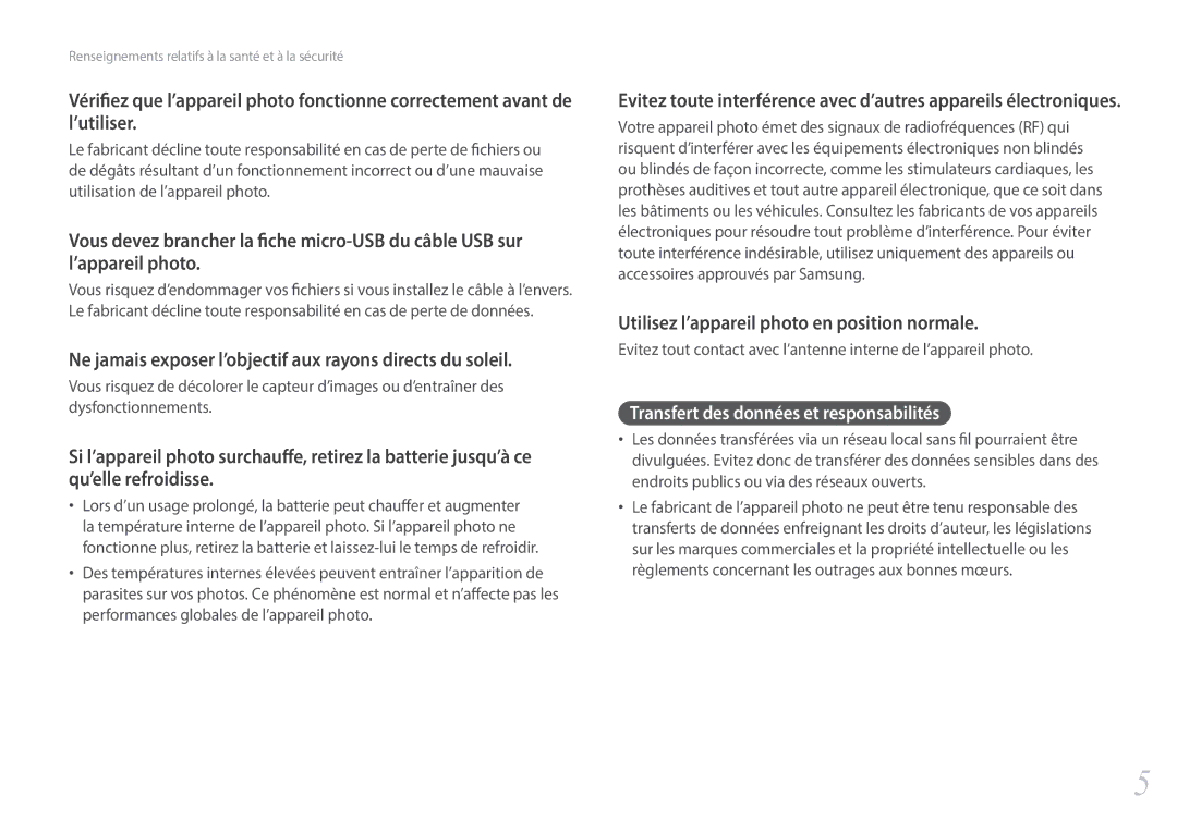 Samsung EV-NXF1ZZB2HFR manual Utilisez l’appareil photo en position normale, Transfert des données et responsabilités 