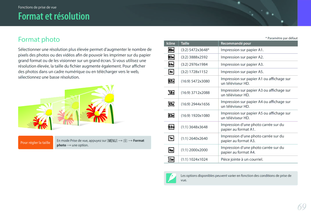 Samsung EV-NXF1ZZB2HFR, EV-NXF1ZZB1KFR manual Format et résolution, Format photo, Sélectionnez une basse résolution 