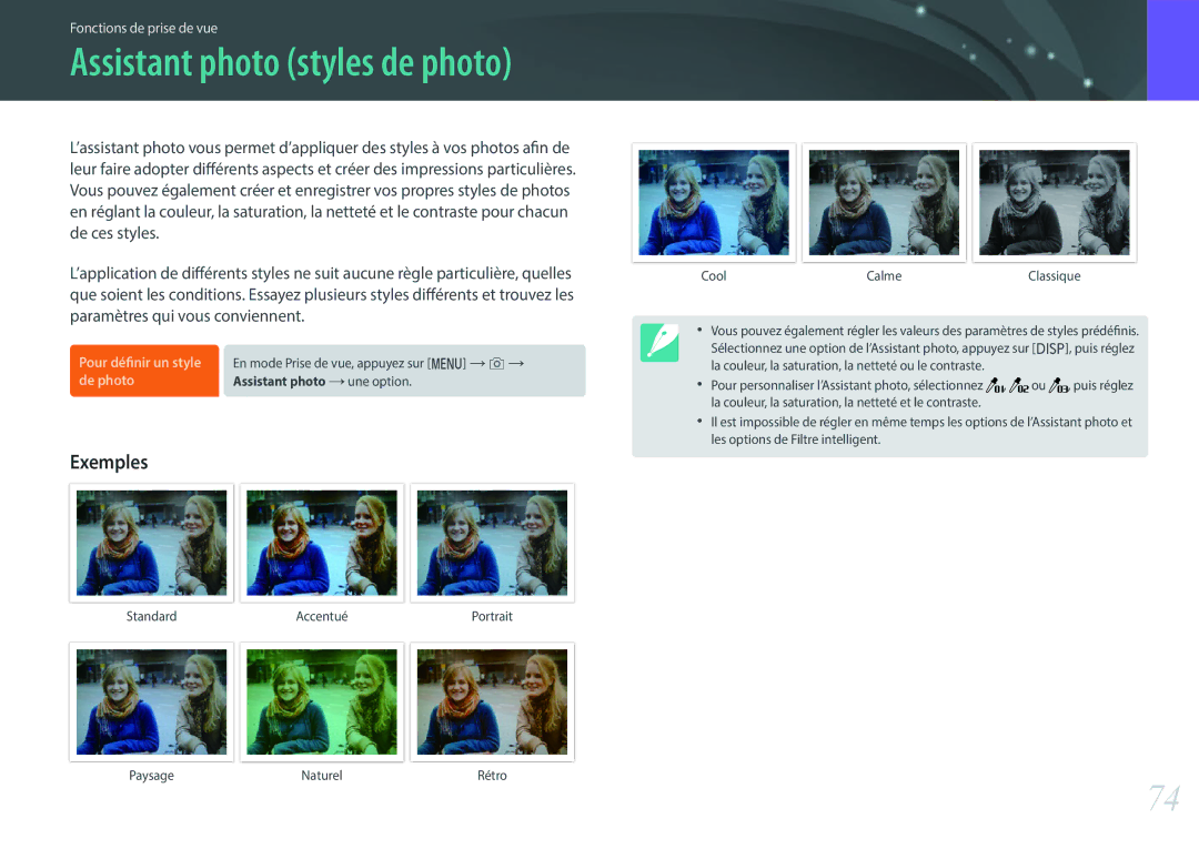 Samsung EV-NXF1ZZB1IFR, EV-NXF1ZZB1KFR, EV-NXF1ZZB2QFR, EV-NXF1ZZB1HFR, EV-NXF1ZZB1JFR manual Assistant photo styles de photo 