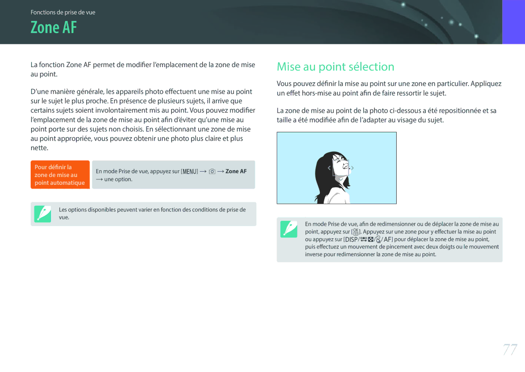 Samsung EV-NXF1ZZB2HFR, EV-NXF1ZZB1KFR, EV-NXF1ZZB2QFR, EV-NXF1ZZB1HFR, EV-NXF1ZZB1IFR manual Zone AF, Mise au point sélection 