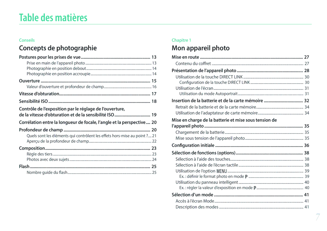 Samsung EV-NXF1ZZB1KFR, EV-NXF1ZZB2QFR, EV-NXF1ZZB1HFR, EV-NXF1ZZB1IFR manual Table des matières, Concepts de photographie 