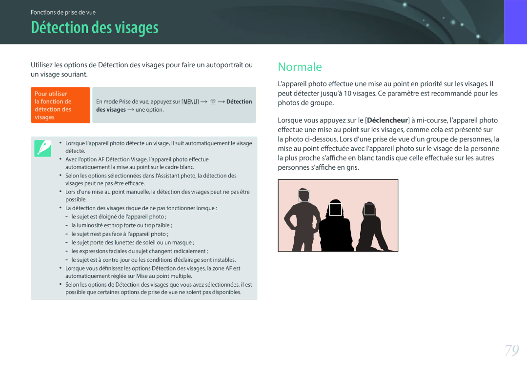 Samsung EV-NXF1ZZB1KFR, EV-NXF1ZZB2QFR, EV-NXF1ZZB1HFR, EV-NXF1ZZB1IFR, EV-NXF1ZZB1JFR manual Détection des visages, Normale 