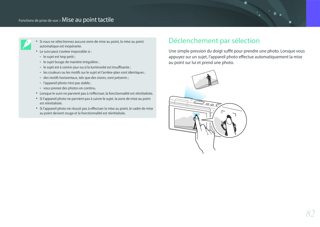 Samsung EV-NXF1ZZB1IFR, EV-NXF1ZZB1KFR manual Déclenchement par sélection, Fonctions de prise de vue Mise au point tactile 