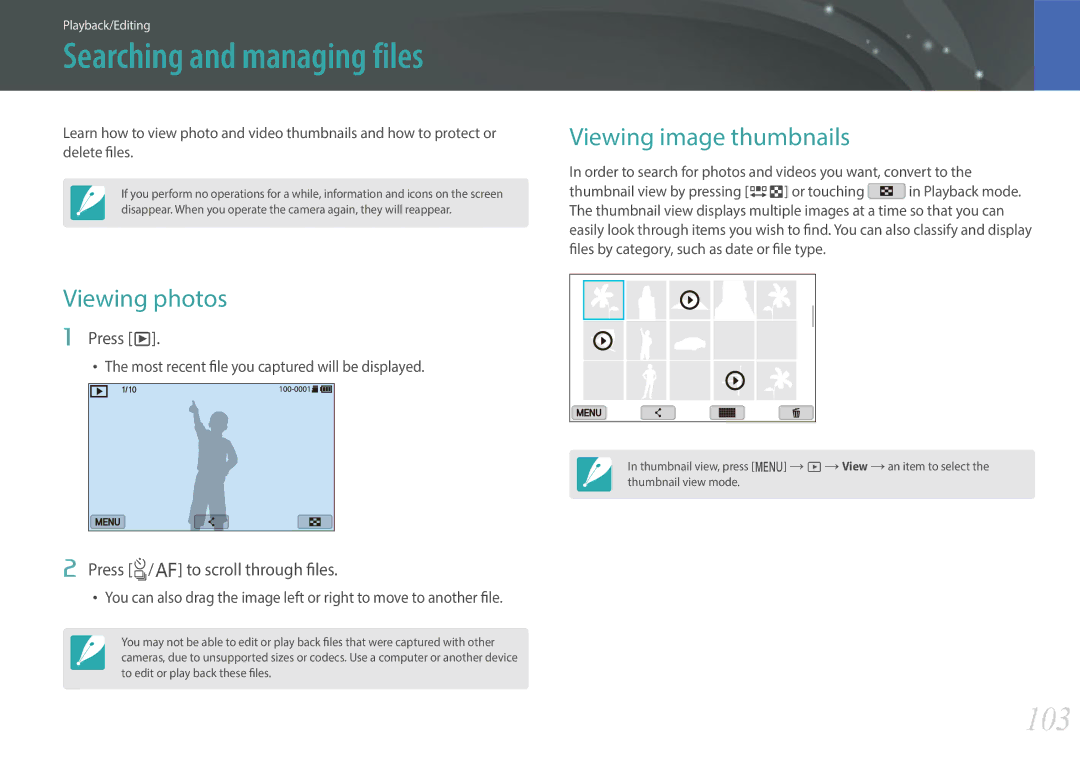 Samsung EV-NXF1ZZB2HDK manual 103, Viewing photos, Viewing image thumbnails, Press y, Press C/F to scroll through files 