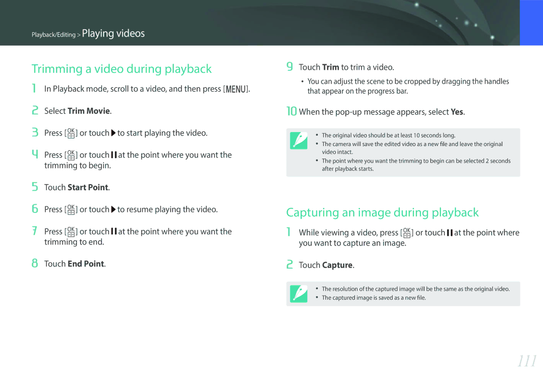 Samsung EV-NXF1ZZB1HLV, EV-NXF1ZZB1KFR manual 111, Trimming a video during playback, Capturing an image during playback 