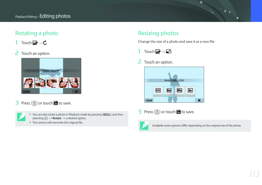 Samsung EV-NXF1ZZB2KGR manual 113, Rotating a photo, Resizing photos, Touch Touch an option, Press o or touch to save 