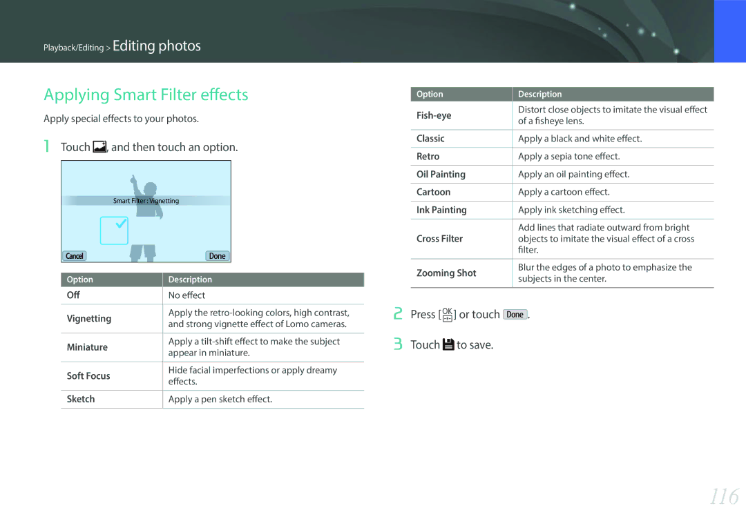 Samsung EV-NXF1ZZB2IGR, EV-NXF1ZZB1KFR, EV-NXF1ZZB2QFR 116, Applying Smart Filter effects, Touch , and then touch an option 