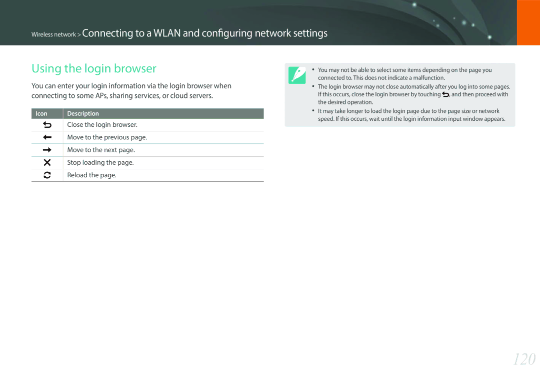 Samsung EV-NXF1ZZB2HGR, EV-NXF1ZZB1KFR, EV-NXF1ZZB2QFR, EV-NXF1ZZB1HFR, EV-NXF1ZZB2JDE manual 120, Using the login browser 