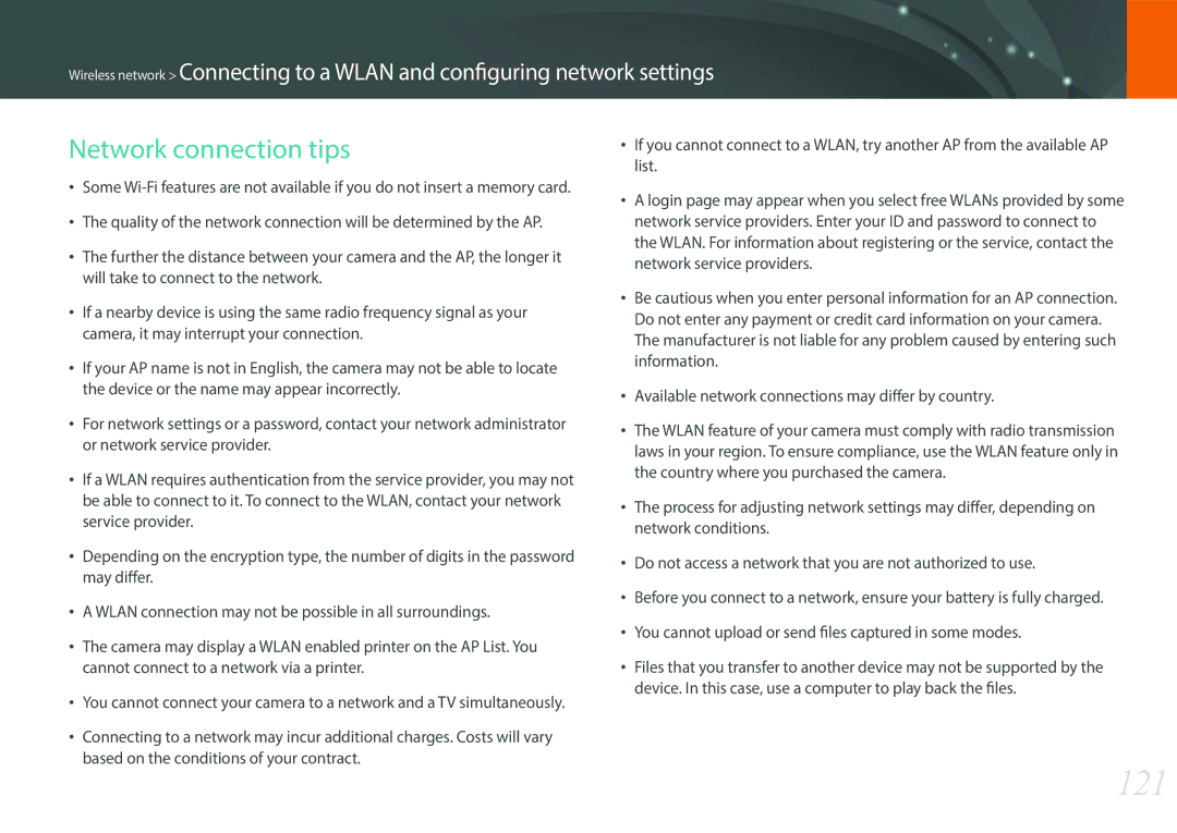 Samsung EV-NXF1ZZB1JGR, EV-NXF1ZZB1KFR, EV-NXF1ZZB2QFR, EV-NXF1ZZB1HFR, EV-NXF1ZZB2JDE manual 121, Network connection tips 